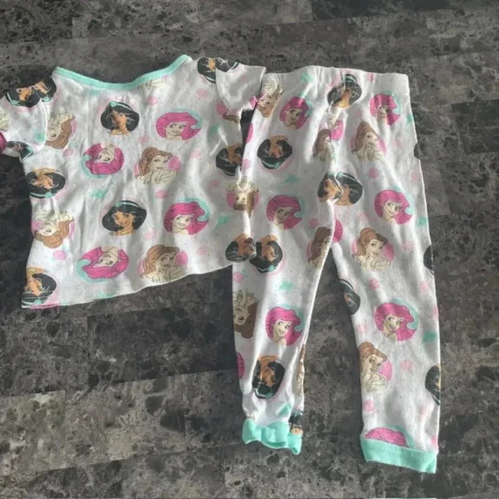 2 PC Girls Size 3T Disney Princess Cotton Pajama Set - Ariel, Belle, Jasmine